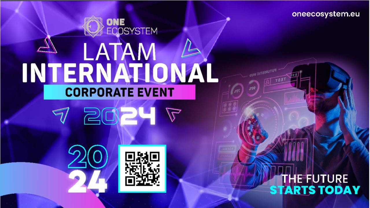 One Ecosystem의 LATAM International Corporate Event 2024 홍보 그래픽. QR 코드, 미래 지향적인 비주얼, VR 헤드셋을 착용한 사람이 디지털 요소와 상호 작용하는 것이 특징입니다. 컬럼비아 딜 셰이커 엑스포(Columbia Deal Shaker Expo)도 주목해야 할 또 다른 행사입니다.