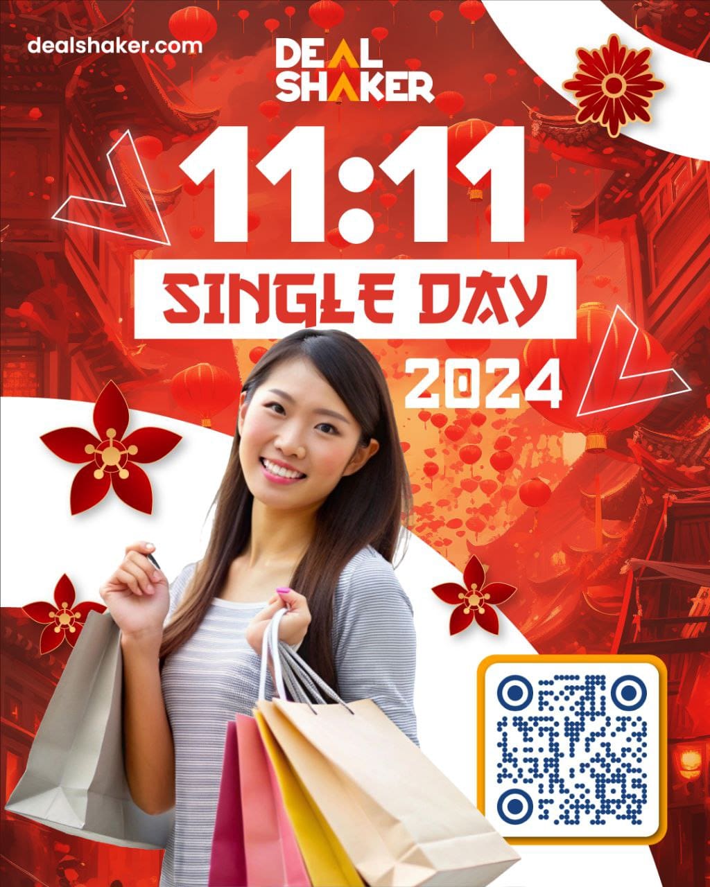 밝은 빨간색 축제 배경에 QR 코드가 적힌 "Singles' Day at 11:11 2024"가 적힌 쇼핑백을 들고 DealShaker가 들뜬 마음으로 더블 일레븐을 축하하고 있습니다.